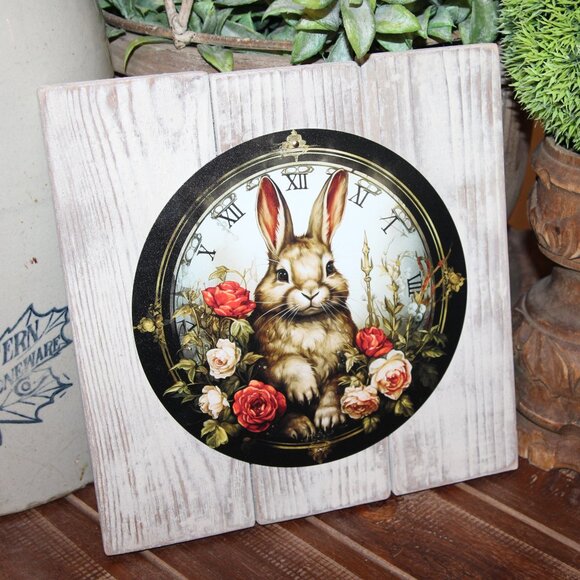 NEW! Shabby French Country Cottage Bunny Rabbit & Roses Wall Decor Plaque - Picture 3 of 4